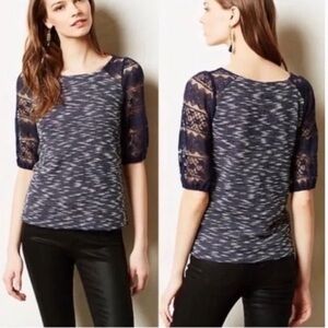 Anthropologie Postmark Patel Blue 3/4 Lace Sleeve Cotton Polyester Top EUC Sz M